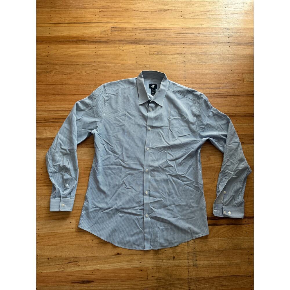 H&M Men's Slim Fit Blue Pinstripe Button Down Shirt Size L Career Office